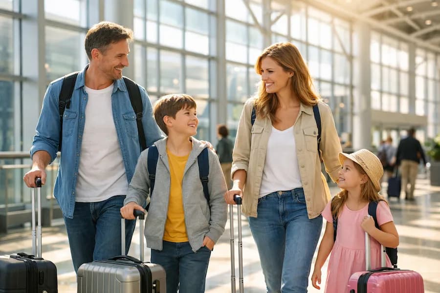 Family preparing travel documents and passports for vacation