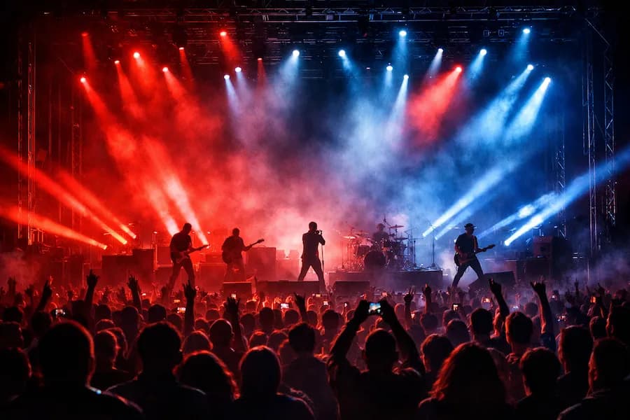 Stage performance with bright lighting and touring production setup