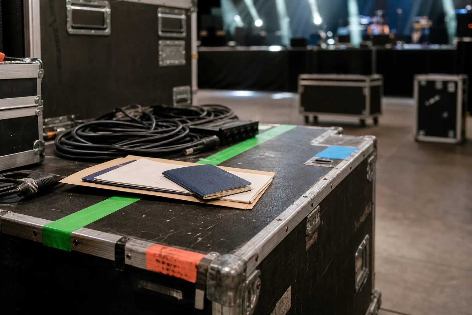 Passport resting on a flight case backstage at a venue